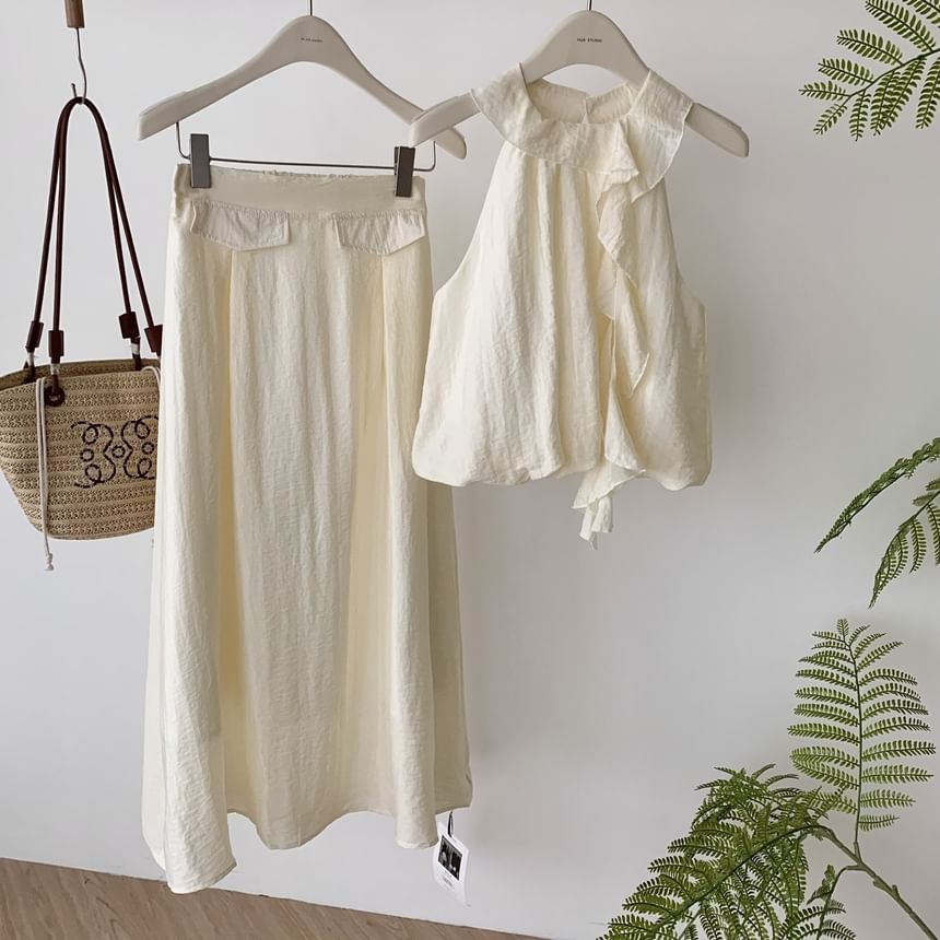 Set: Blouse Midi Ruffle Halter High A-Line Plain Skirt Rise +