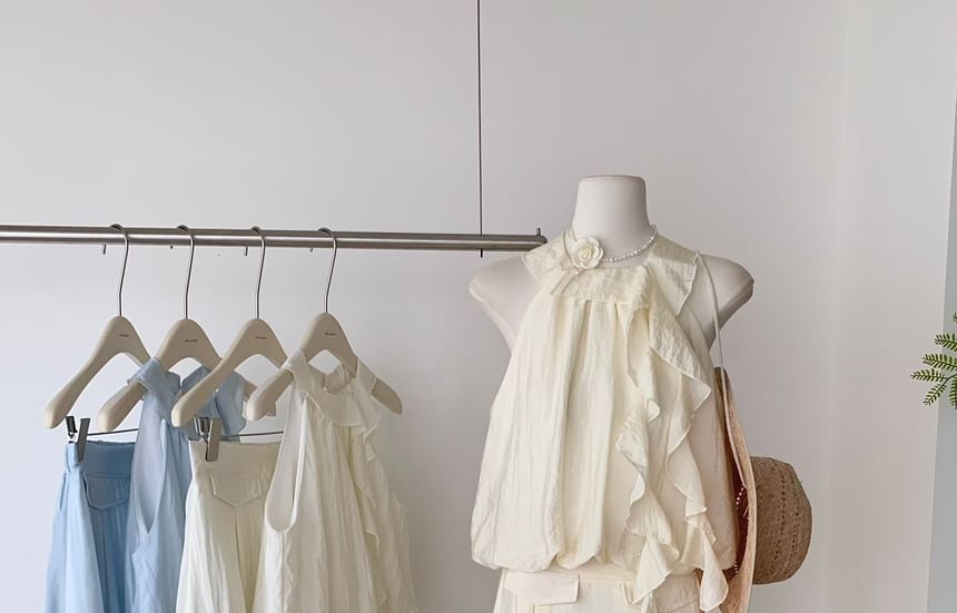 Set: Blouse Midi Ruffle Halter High A-Line Plain Skirt Rise +