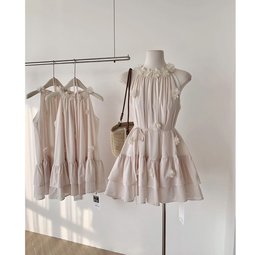 Ruffle Halter Plain Flower Mini Detail Sundress