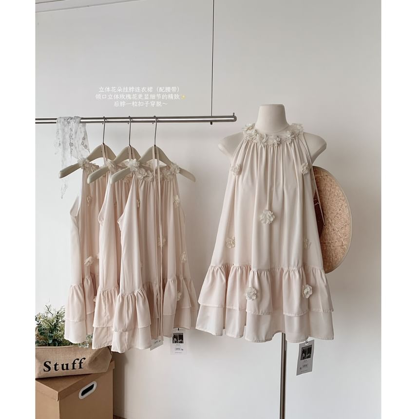 Ruffle Halter Plain Flower Mini Detail Sundress