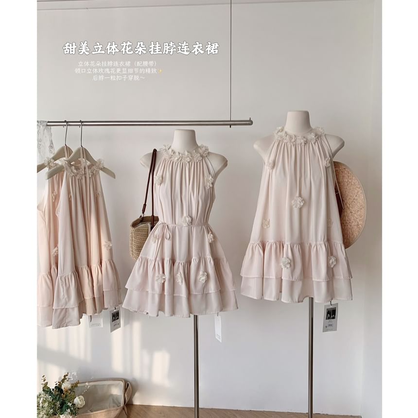 Ruffle Halter Plain Flower Mini Detail Sundress