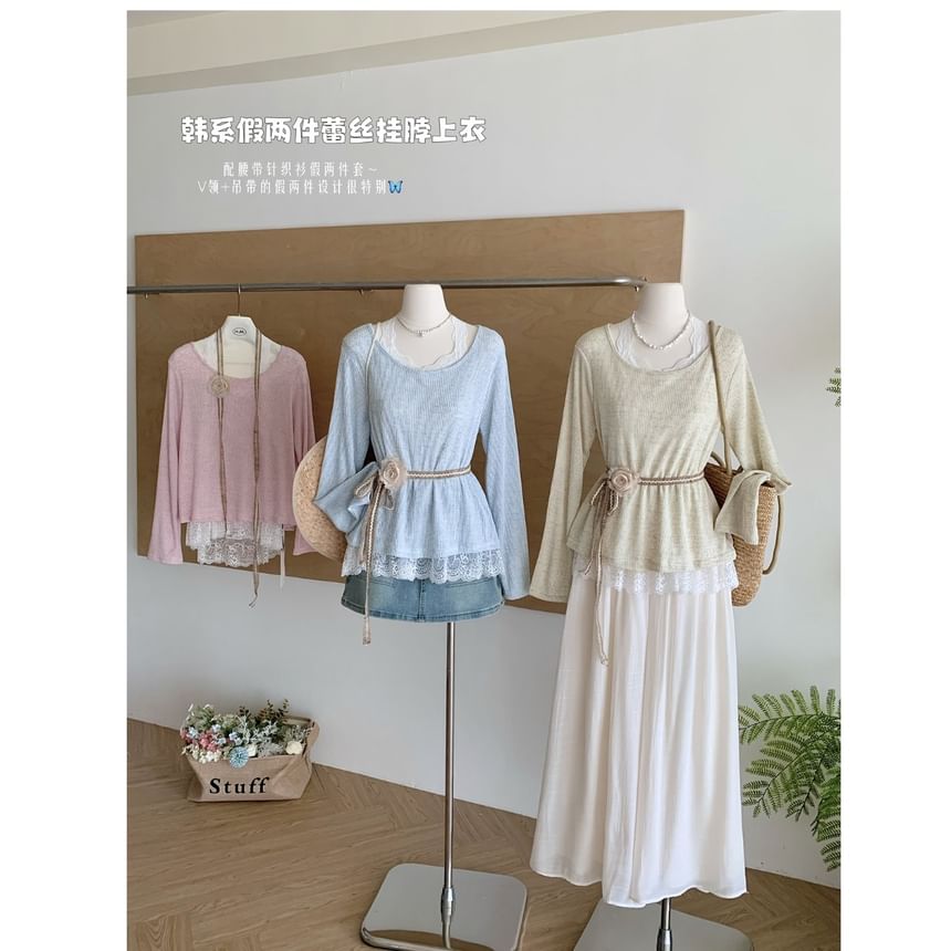 Plain Long-Sleeve Neck Lace Trim Round Tee