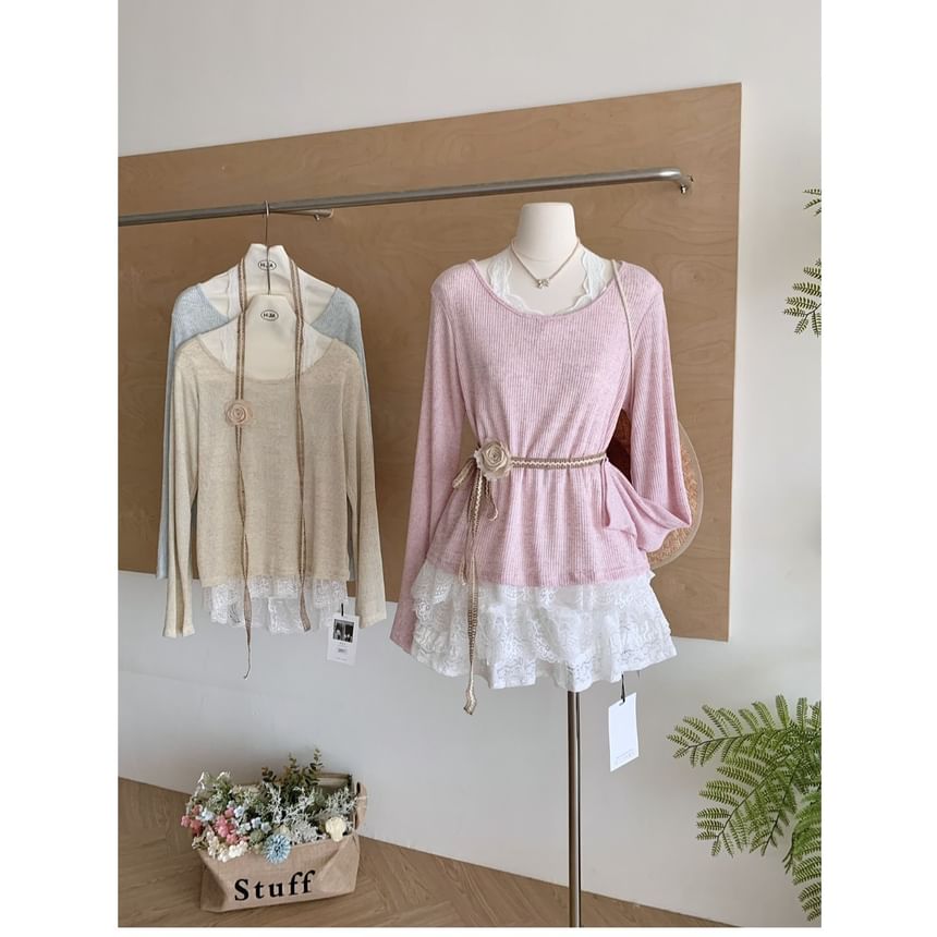 Plain Long-Sleeve Neck Lace Trim Round Tee