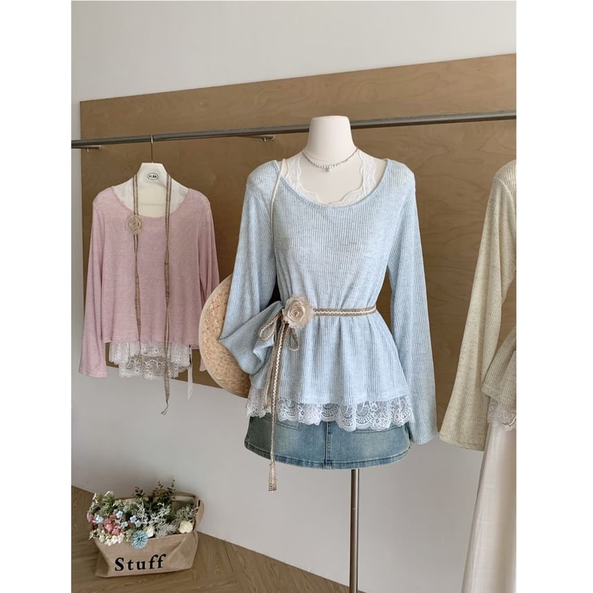 Plain Long-Sleeve Neck Lace Trim Round Tee