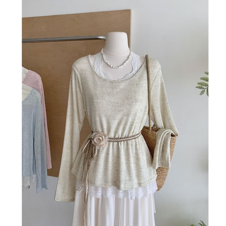 Plain Long-Sleeve Neck Lace Trim Round Tee