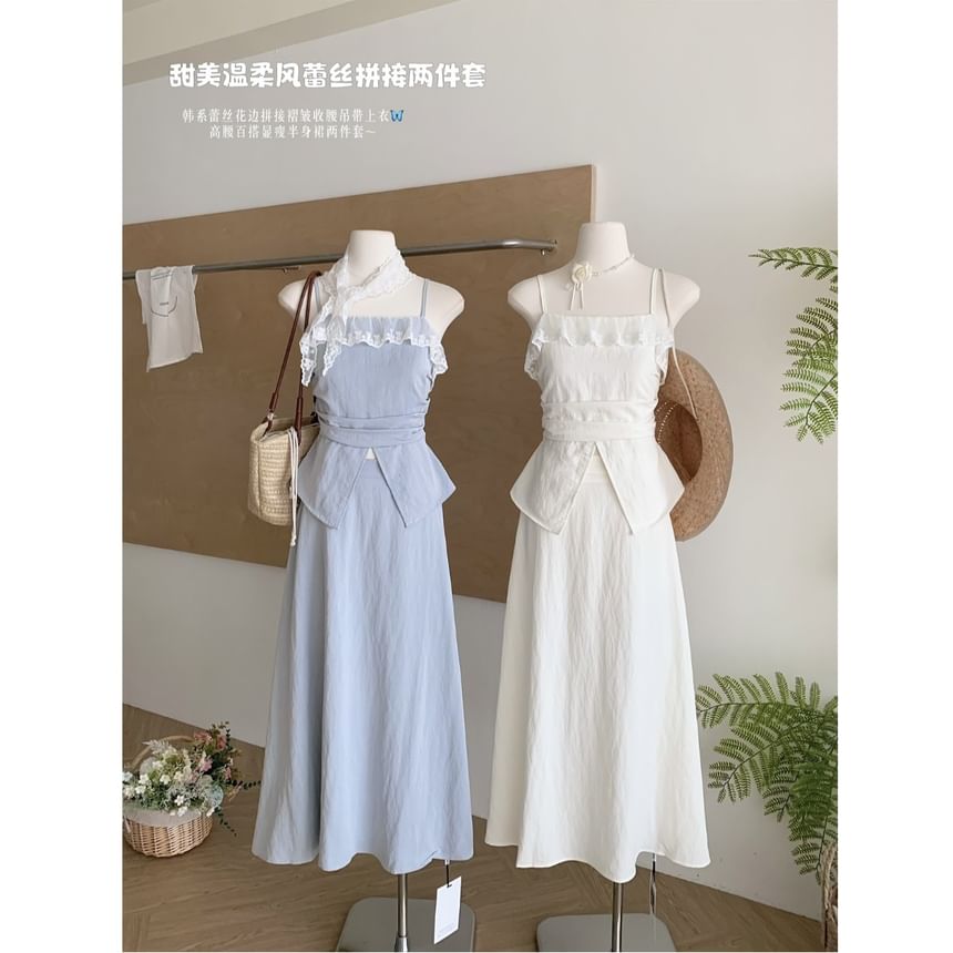 Top High Camisole Lace Rise + Skirt Midi A-Line Front-Slit Trim Set: Plain