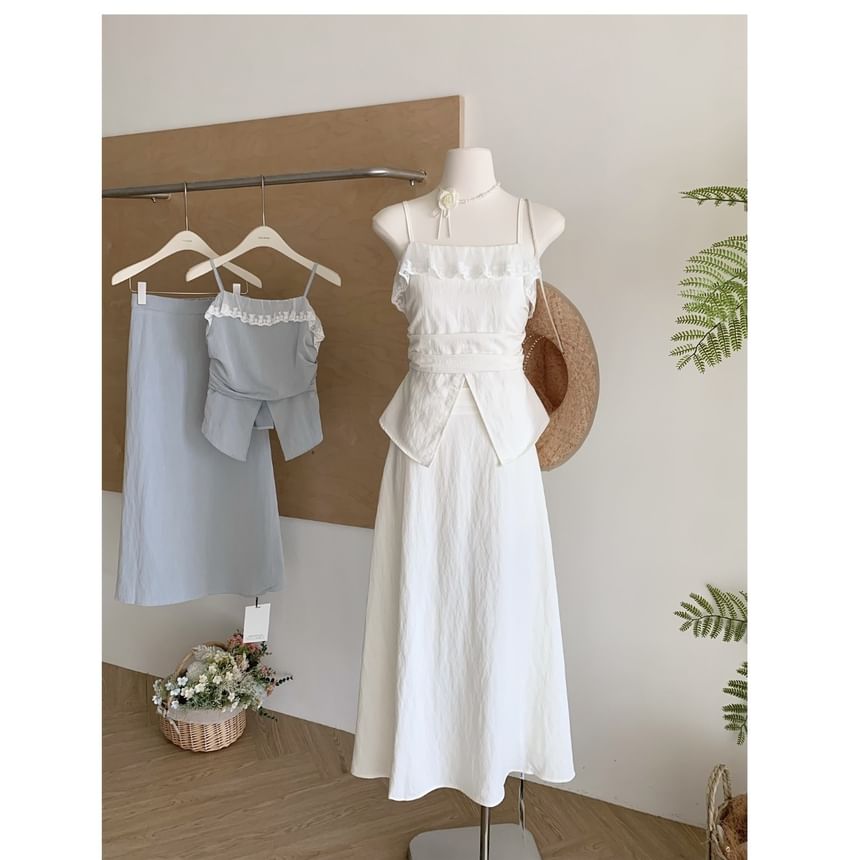 Top High Camisole Lace Rise + Skirt Midi A-Line Front-Slit Trim Set: Plain