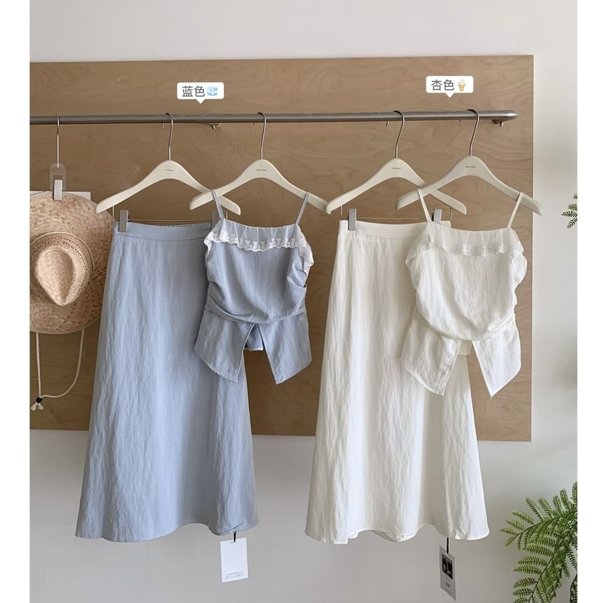 Top High Camisole Lace Rise + Skirt Midi A-Line Front-Slit Trim Set: Plain