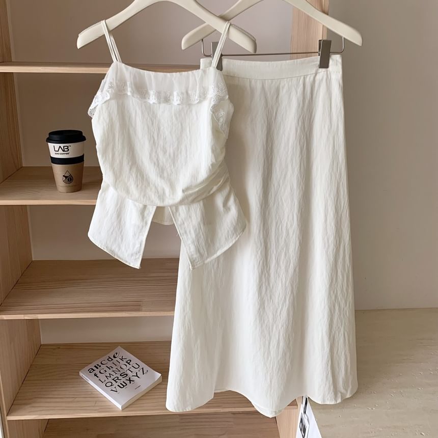 Top High Camisole Lace Rise + Skirt Midi A-Line Front-Slit Trim Set: Plain