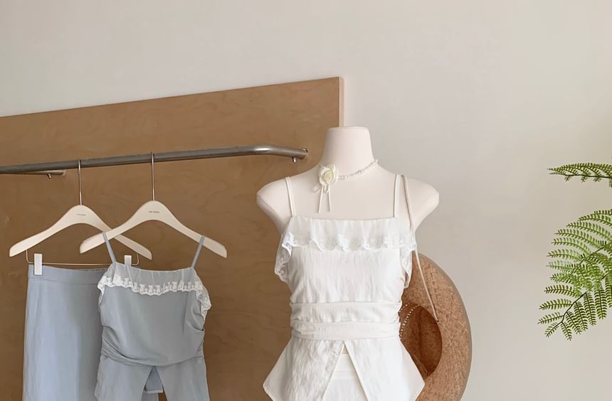 Top High Camisole Lace Rise + Skirt Midi A-Line Front-Slit Trim Set: Plain