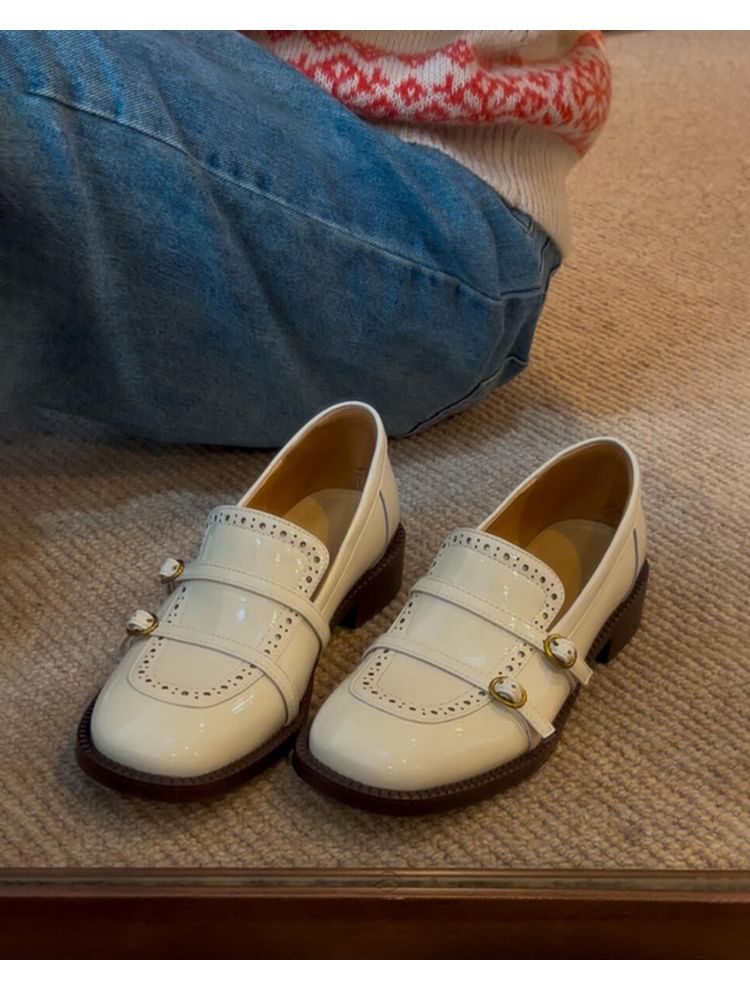 Leather Buckled Heel Faux Chunky Loafers