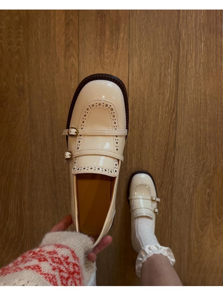 Leather Buckled Heel Faux Chunky Loafers