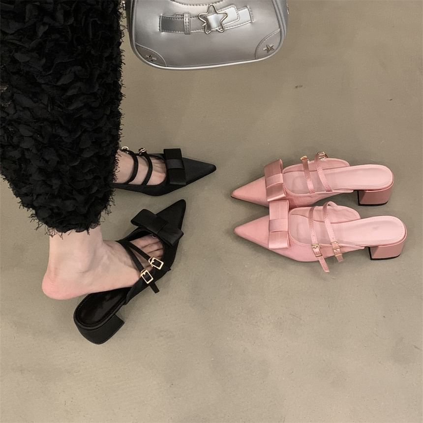 Bow Pointed Mules Toe Mary Heel Chunky Jane