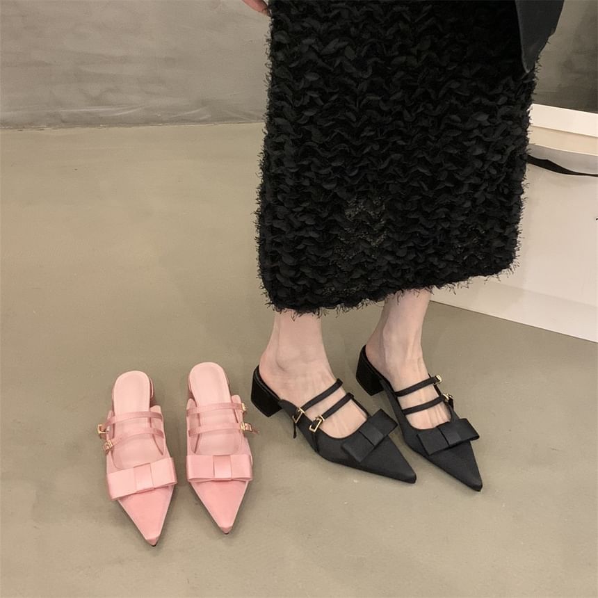 Bow Pointed Mules Toe Mary Heel Chunky Jane
