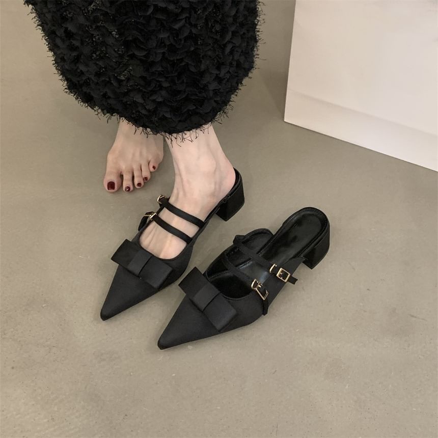 Bow Pointed Mules Toe Mary Heel Chunky Jane