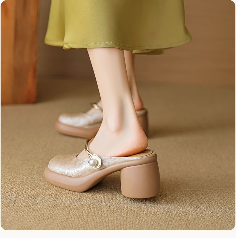 Floral Platform Heel Mules Mary Jane Chunky