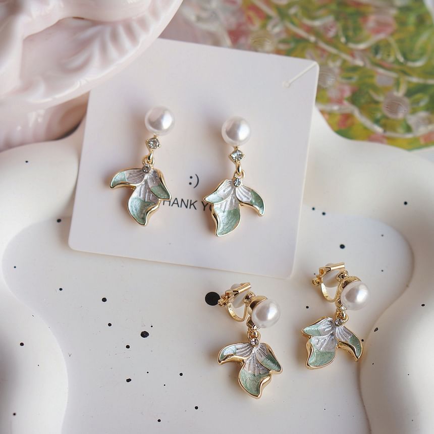 Drop / Earring Faux Pearl Flower Rhinestone Clip-On