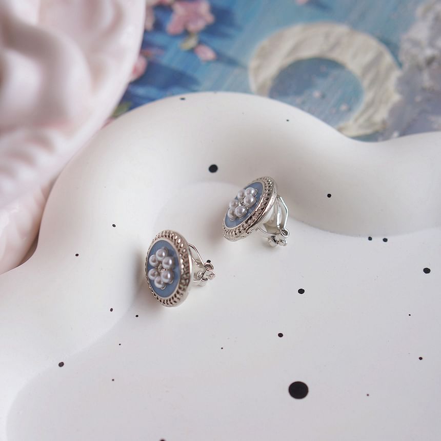 Stud Pearl Rhinestone Faux Clip-On / Flower Ear Earring