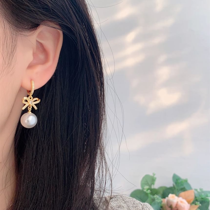 Pearl Rhinestone Faux Bow Huggie Drop Earring
