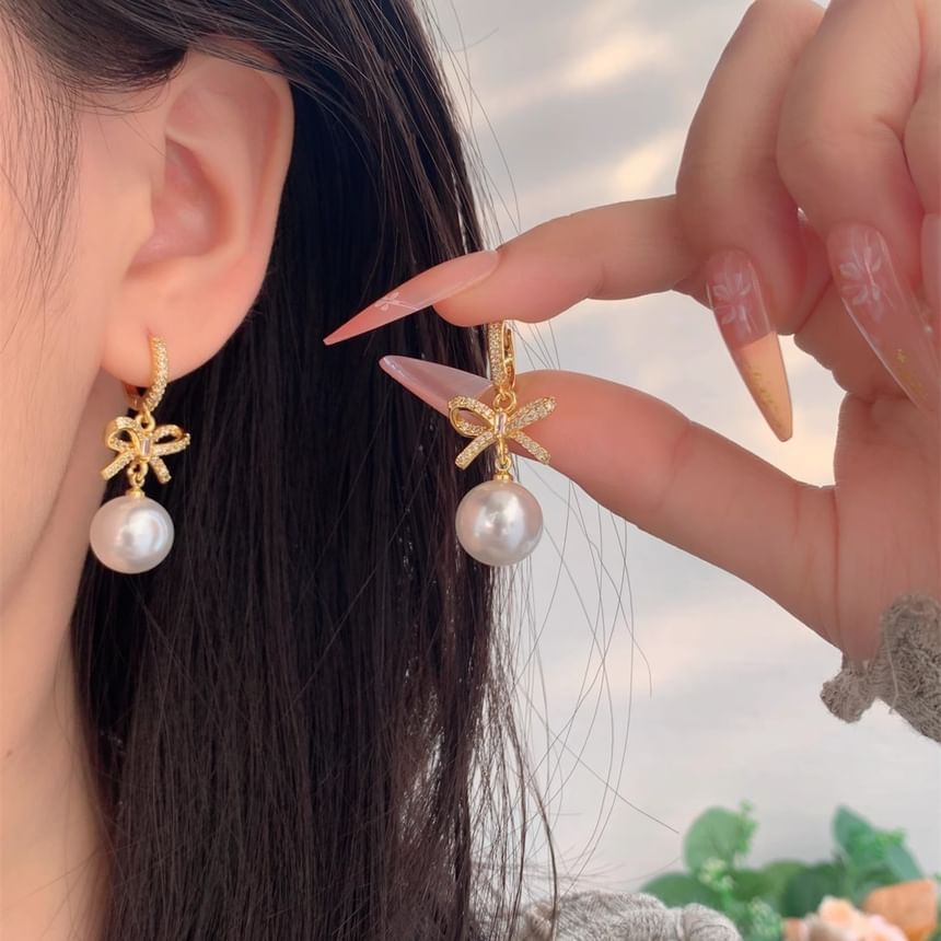 Pearl Rhinestone Faux Bow Huggie Drop Earring