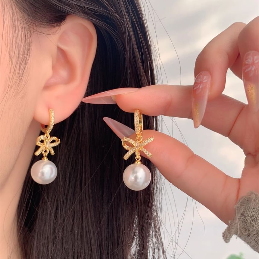 Pearl Rhinestone Faux Bow Huggie Drop Earring