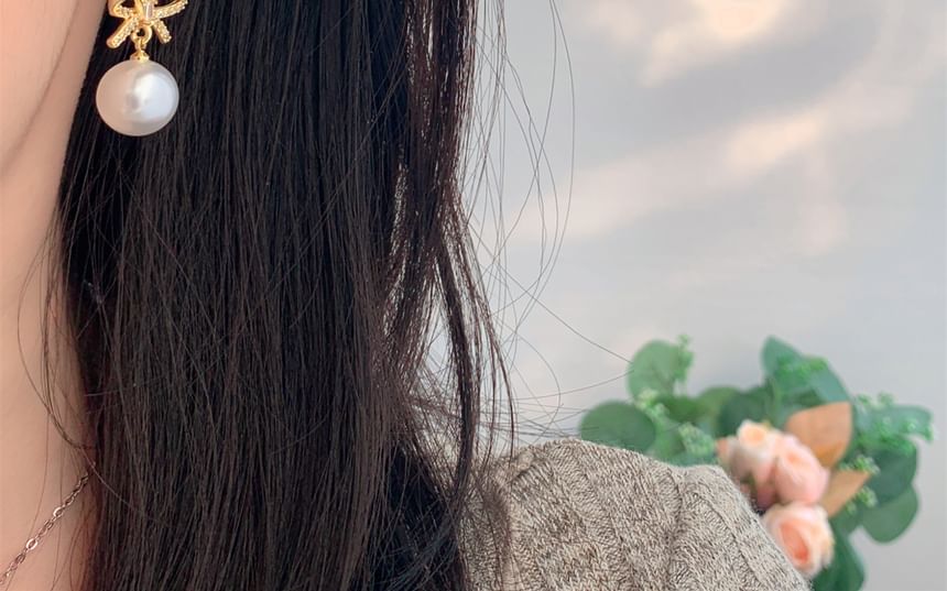 Pearl Rhinestone Faux Bow Huggie Drop Earring