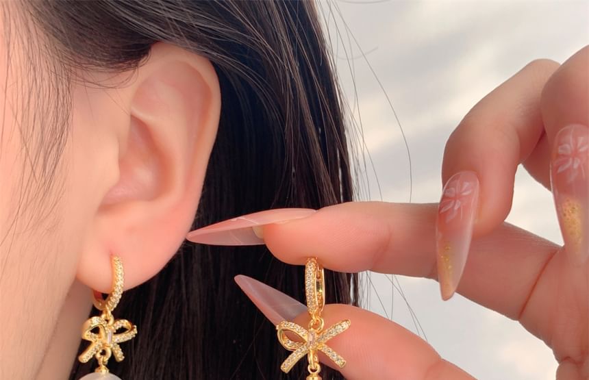 Pearl Rhinestone Faux Bow Huggie Drop Earring