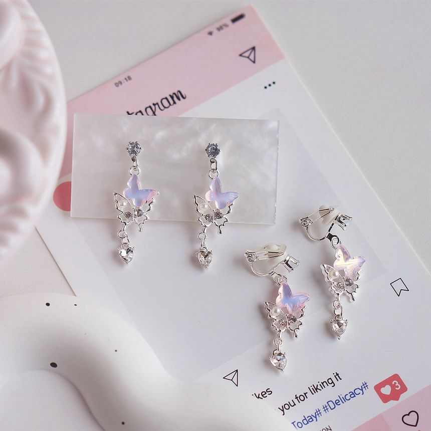 Faux Drop / Pearl Clip-On Earring Rhinestone Butterfly