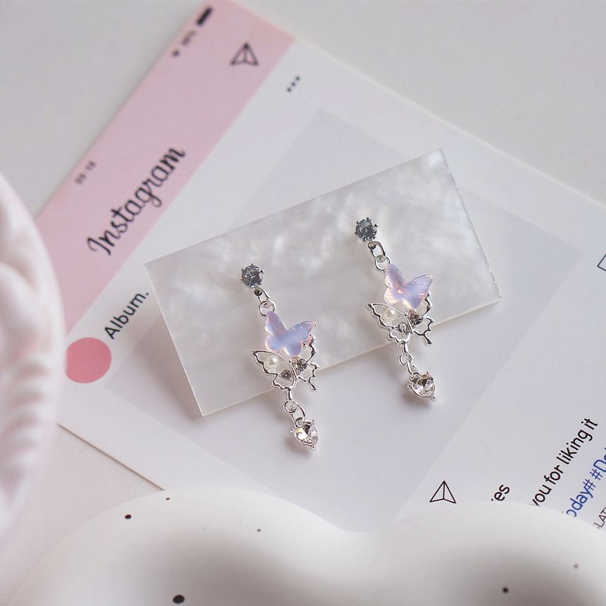 Faux Drop / Pearl Clip-On Earring Rhinestone Butterfly