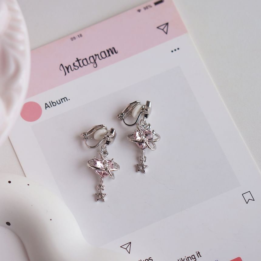 Drop Star Earring Clip-On Rhinestone / Heart