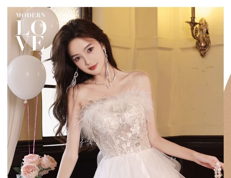 Fluffy A-Line Strapless Mesh Evening Asymmetrical Gown