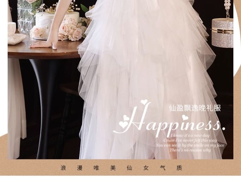 Fluffy A-Line Strapless Mesh Evening Asymmetrical Gown