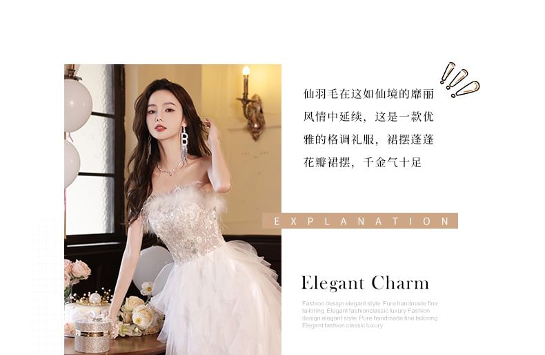 Fluffy A-Line Strapless Mesh Evening Asymmetrical Gown