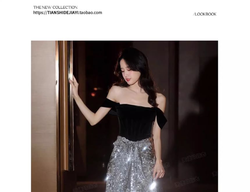 Panel Gown A-Line Velvet Evening Off-Shoulder Sequined