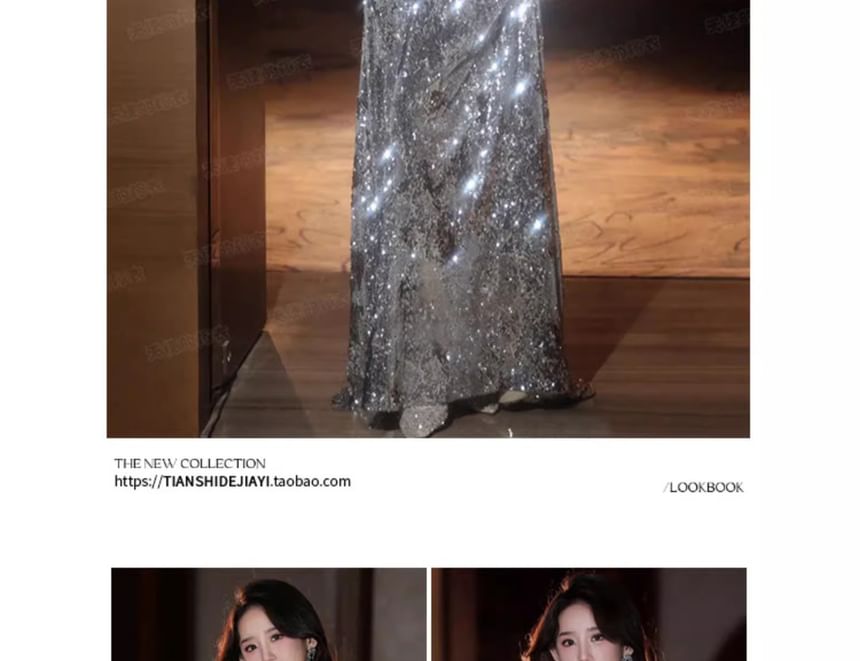 Panel Gown A-Line Velvet Evening Off-Shoulder Sequined