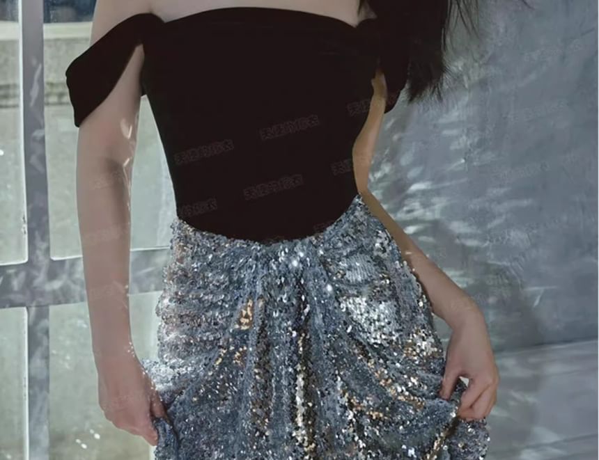 Panel Gown A-Line Velvet Evening Off-Shoulder Sequined