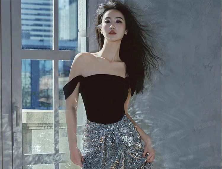 Panel Gown A-Line Velvet Evening Off-Shoulder Sequined