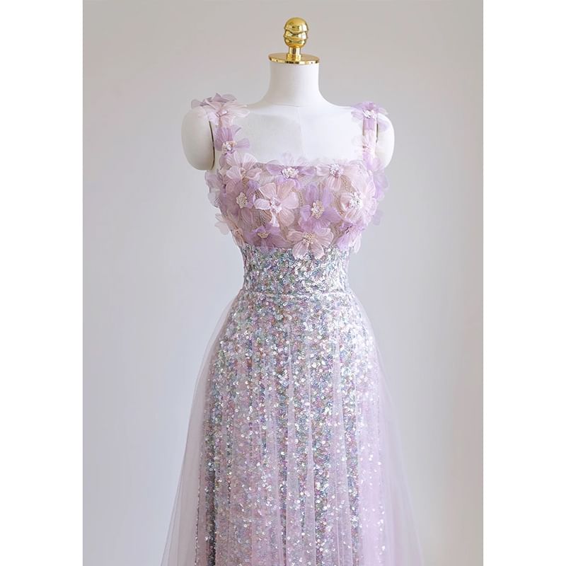 Evening Strap A-Line Floral Wide Gown Glitter
