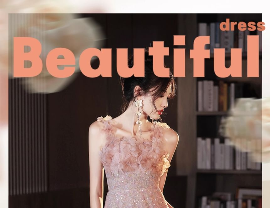 Evening Strap A-Line Floral Wide Gown Glitter