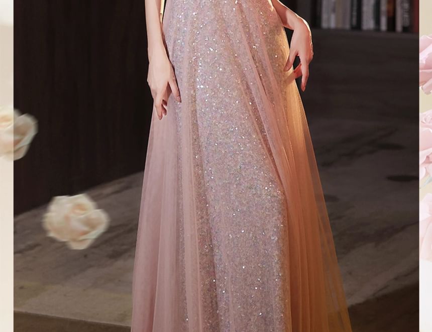 Evening Strap A-Line Floral Wide Gown Glitter