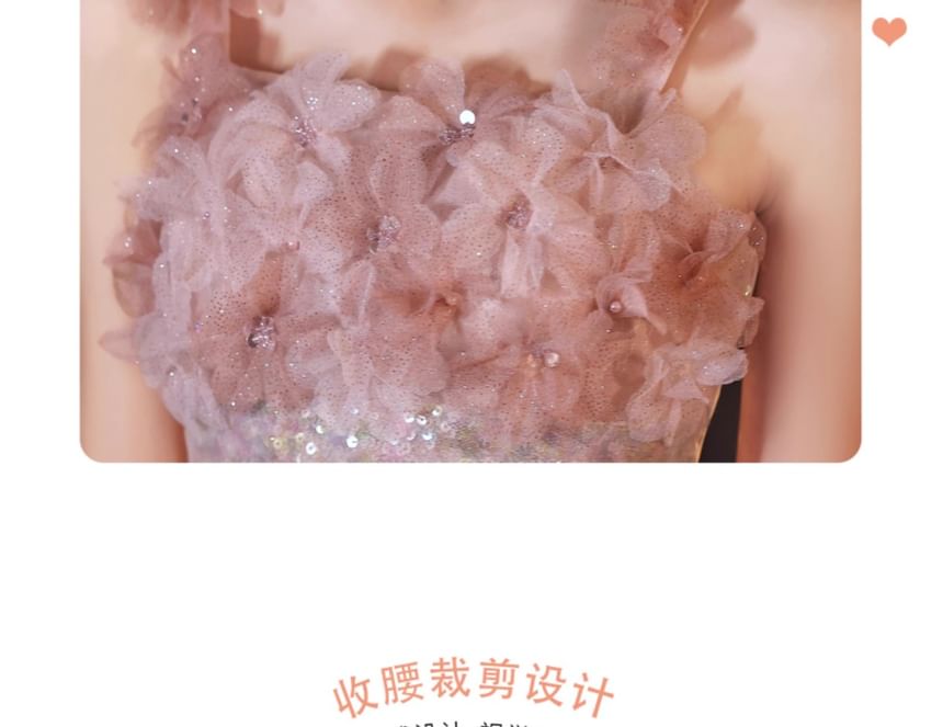 Evening Strap A-Line Floral Wide Gown Glitter