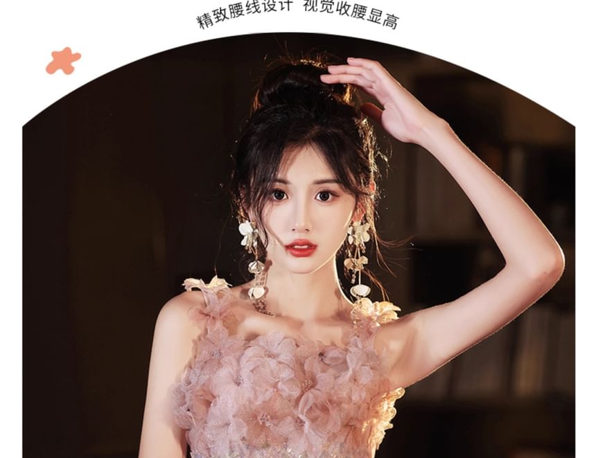 Evening Strap A-Line Floral Wide Gown Glitter