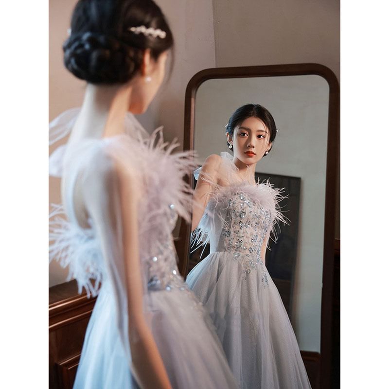 Trim Fluffy Evening A-Line Gown Tie-Shoulder Sequined