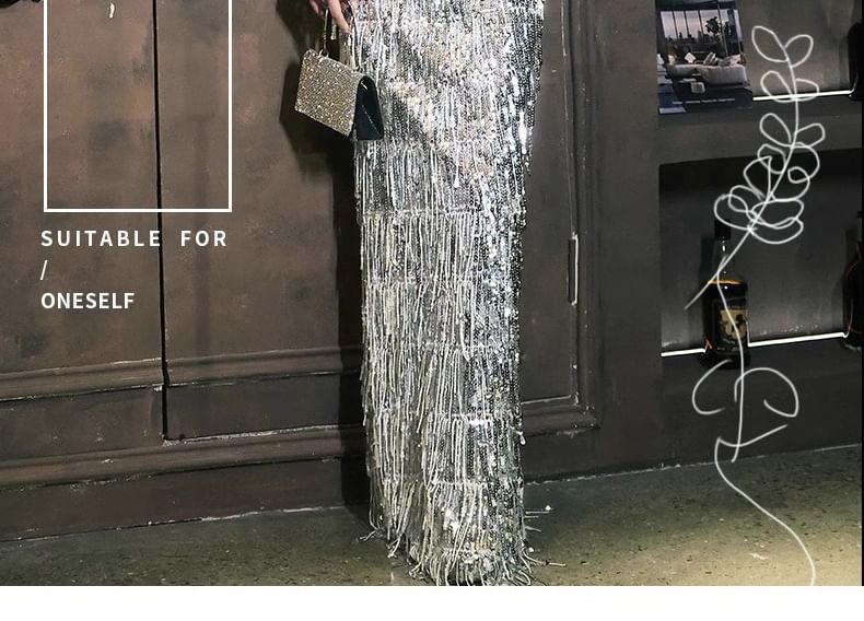 A-Line Off-Shoulder Sequined Gown Tasseled Velvet Evening Panel