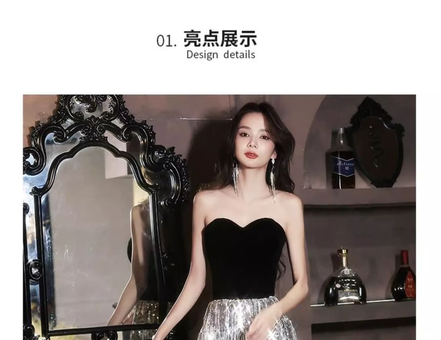 A-Line Off-Shoulder Sequined Gown Tasseled Velvet Evening Panel