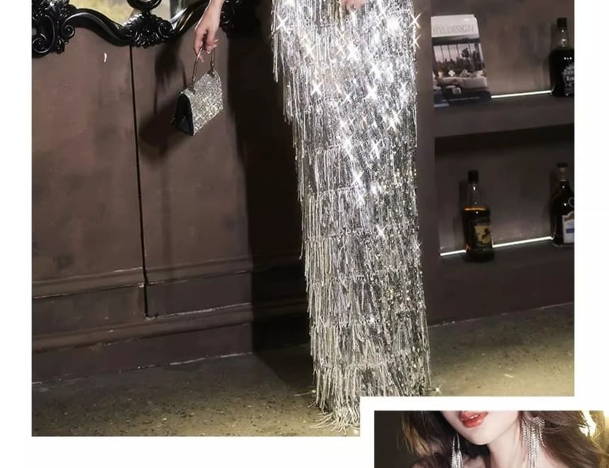 Sequined Velvet Tasseled Panel Off-Shoulder Gown Evening A-Line