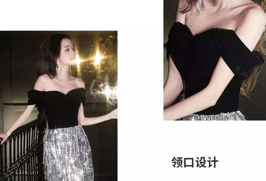 A-Line Off-Shoulder Sequined Gown Tasseled Velvet Evening Panel