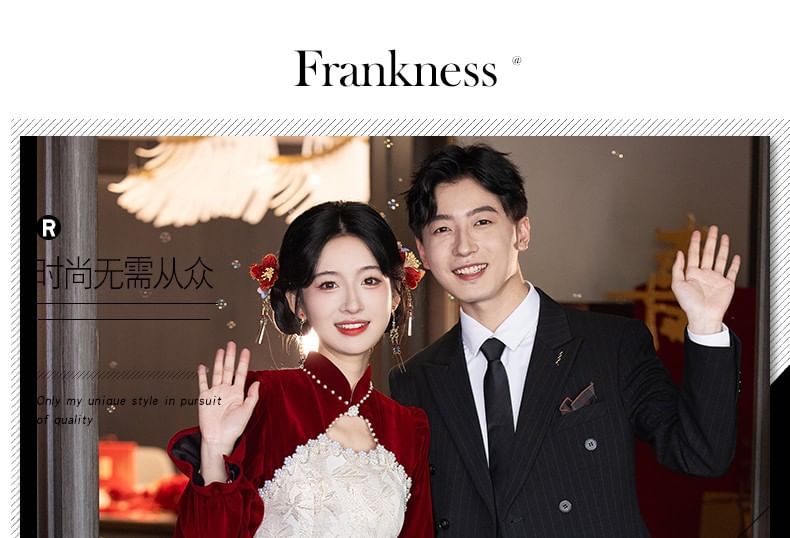 Wedding A-Line Pearl Puff-Sleeve Jacquard Dress Floral Faux Chinese