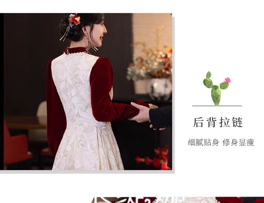 Wedding A-Line Pearl Puff-Sleeve Jacquard Dress Floral Faux Chinese