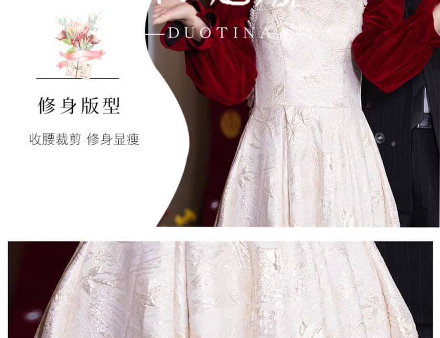 Wedding A-Line Pearl Puff-Sleeve Jacquard Dress Floral Faux Chinese